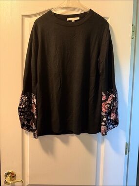 LOFT Black Sweater with Floral Bell Sleeves